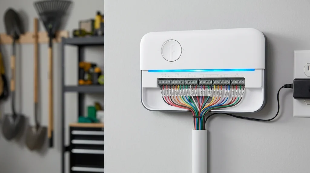 The Rachio 3 Smart Sprinkler Controller, a white and modern device with an LED light, installed on a wall, showing its clean design.