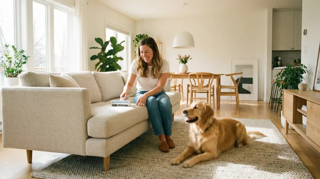 A pet owner using a reusable pet hair remover tool on a grey fabric sofa to effectively lift golden retriever fur, showcasing a simple, non-electric solution for a clean home during shedding season.