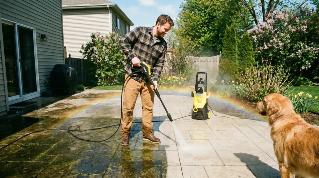 A homeowner using the best budget pressure washer to clean his patio, showing a stark, satisfying contrast between the clean and dirty sections.