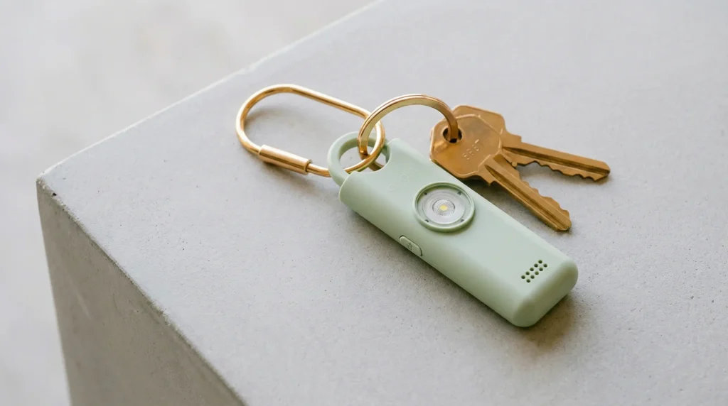 The She's Birdie 3.0 Personal Safety Alarm, attached to a set of keys.