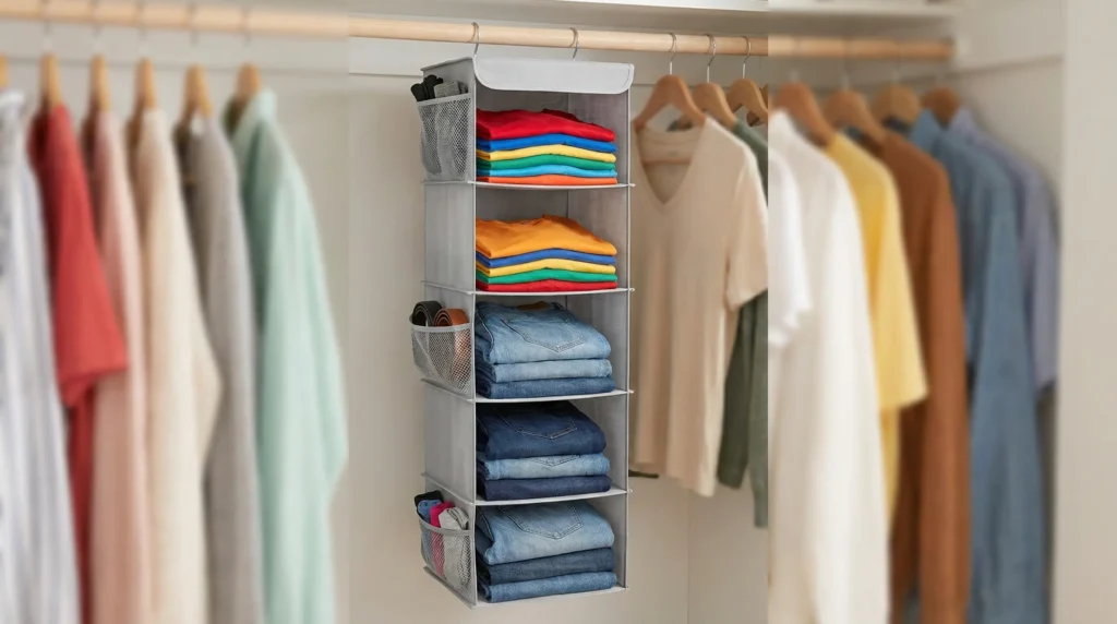 The Simple Houseware 5-Shelf Hanging Closet Organizer, a perfect budget-friendly solution for creating extra shelf space.
