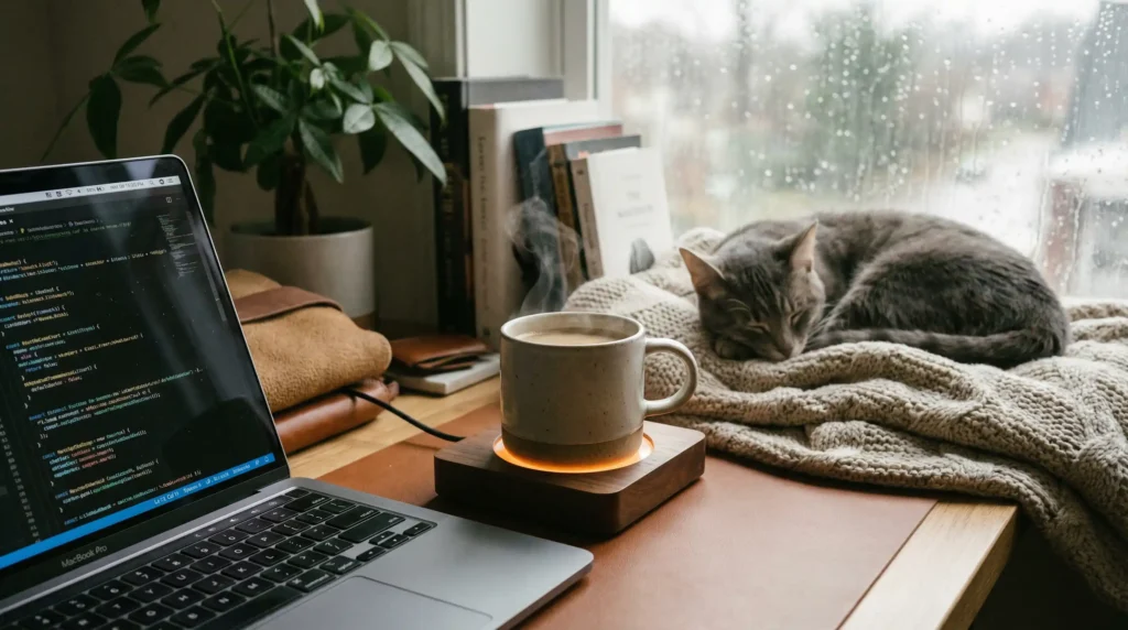 A black coffee mug on an electric warmer coaster sitting on a minimalist wooden desk, with a laptop and a small plant in the background, creating a cozy work-from-home scene.