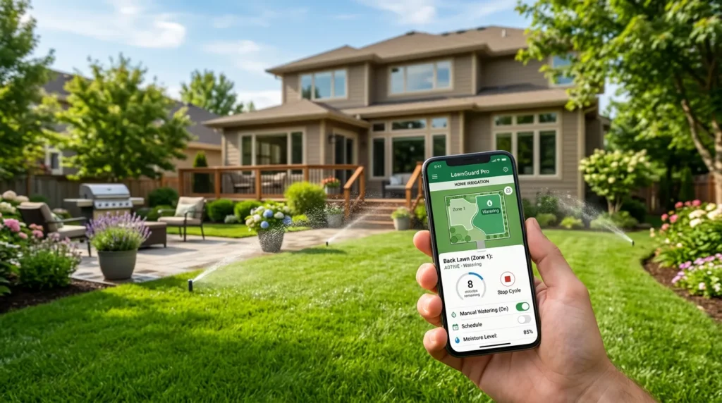 Homeowner using an app to control the best smart sprinkler controller for a green lawn