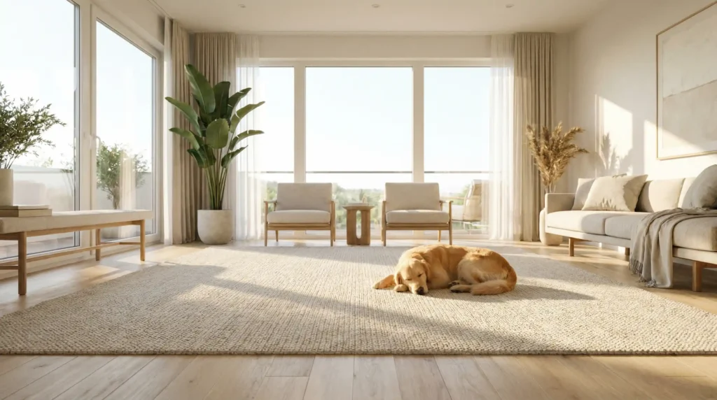 A clean living room rug maintained by the best portable carpet cleaner for allergies, creating a sneeze-free home with pets.