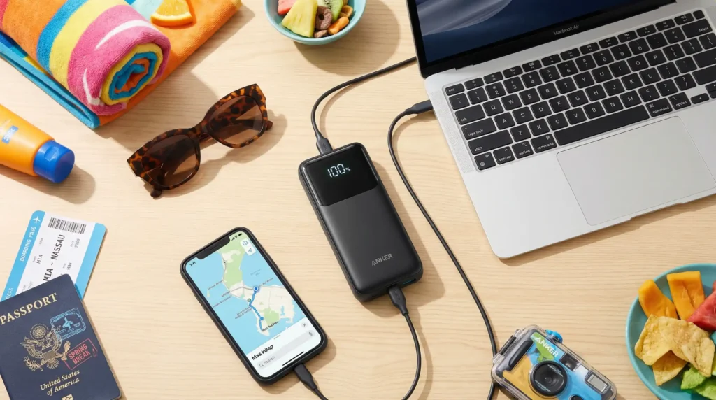 The best portable charger for laptop and phone charging devices next to a passport