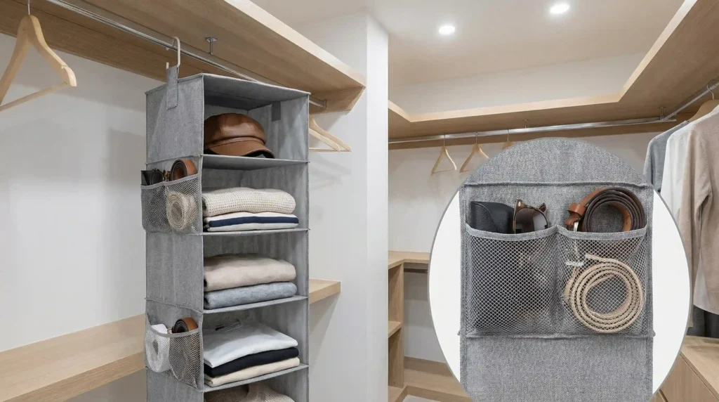 The StorageWorks 6-Shelf Hanging Organizer with convenient side pockets, showcasing its excellent value and features.