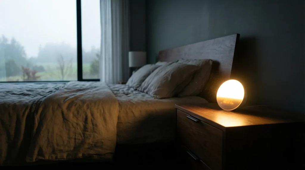 A cozy bedroom nightstand featuring the best sunrise alarm clock for daylight saving glowing warmly.