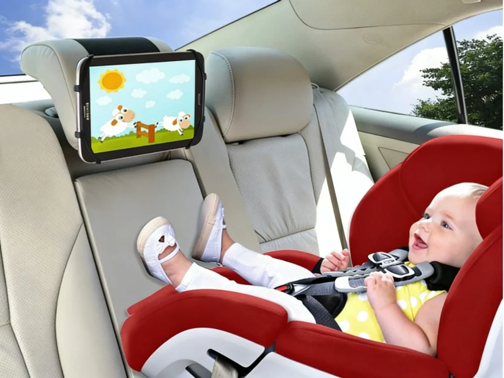 TFY universal car headrest mount using a silicone strap to hold an iPad securely on an integrated car seat.