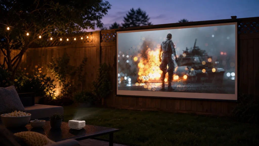 The TMY mini projector set up in a backyard with its included 80-inch fabric screen.