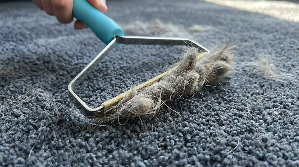 Close-up of the UPROOT Cleaner Pro Pet Hair Remover, a metal lint scraper, effectively removing stubborn dog hair from a low-pile carpet.