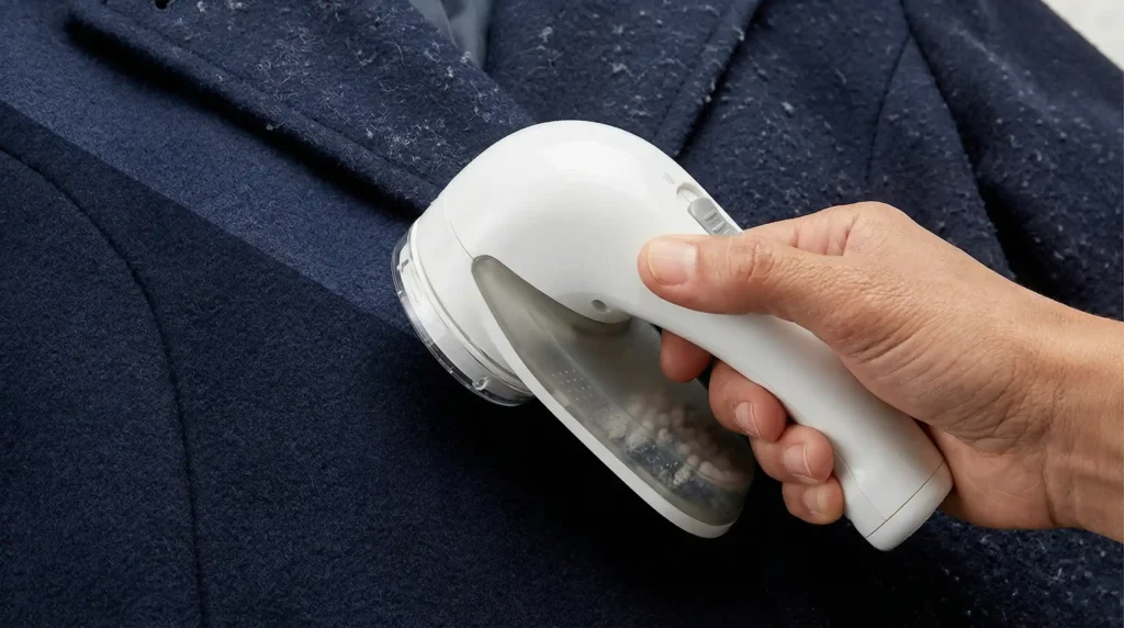 A user de-pilling a navy blue wool coat with the white Conair rechargeable fabric shaver, clearly showing the instant and effective results of the product.