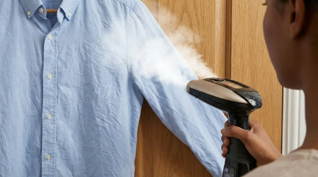 A person using a handheld clothes steamer to easily remove wrinkles from a shirt sleeve, demonstrating its quick and efficient use.
