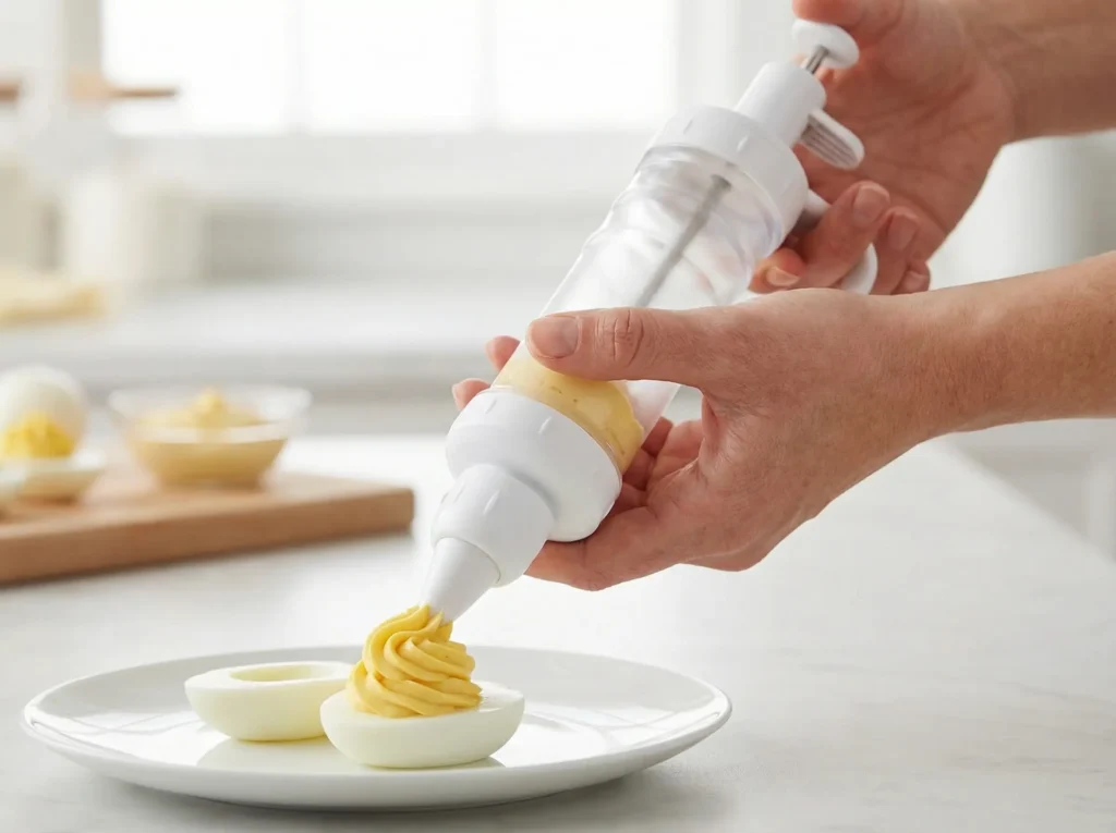 A person using a Wilton Dessert Decorator Plus to perfectly pipe yellow filling into egg whites.