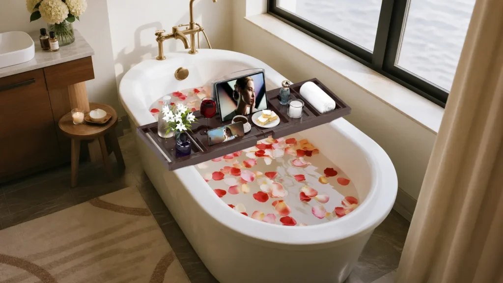 Heavy-duty non-slip silicone grips on BAMBUROBA bathtub caddy tray