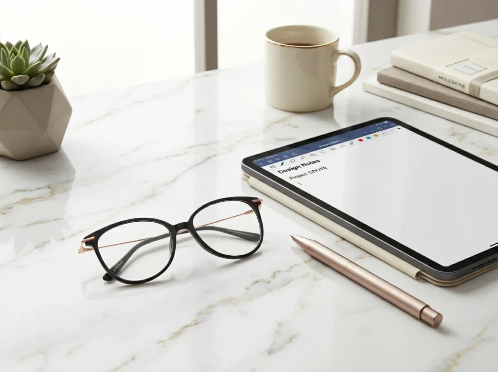 Gaoye Blue Light Blocking Glasses with Fashion Cat Eye design on a marble desk next to an iPad for eye strain relief.