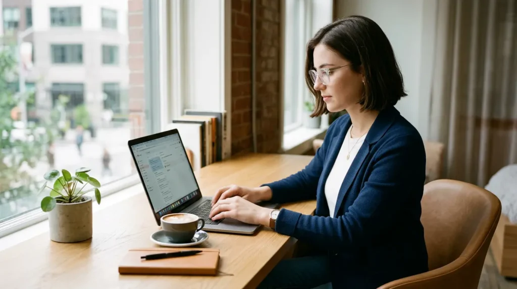 A professional wearing the best blue light glasses for screen fatigue in a home office.
