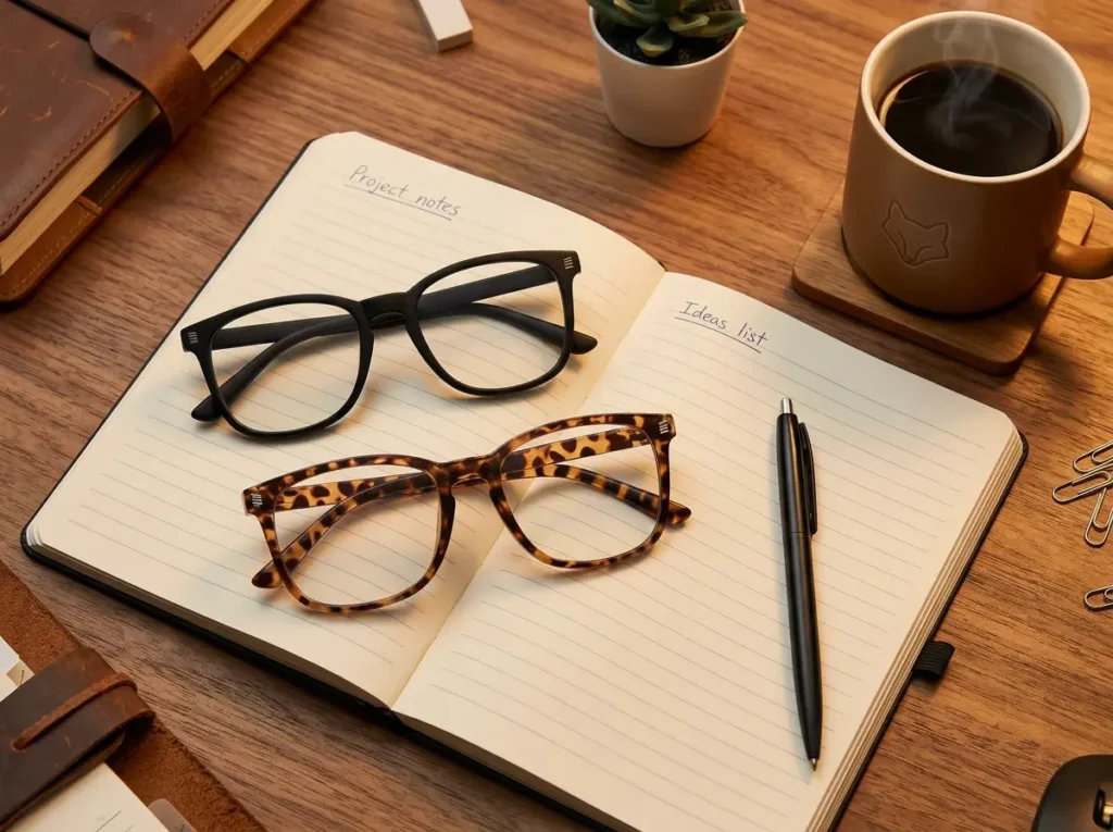 livho 2 Pack Blue Light Blocking Glasses featuring one black frame and one leopard frame on a desk, perfect for dual monitor setups.