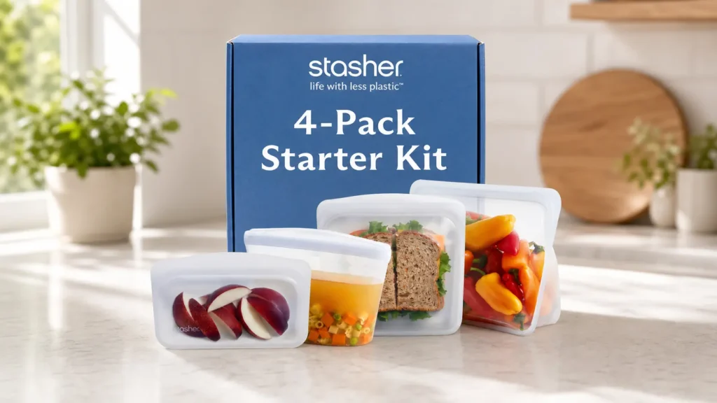 Stasher Premium Reusable Silicone Storage Bags, 4-Pack Starter Kit