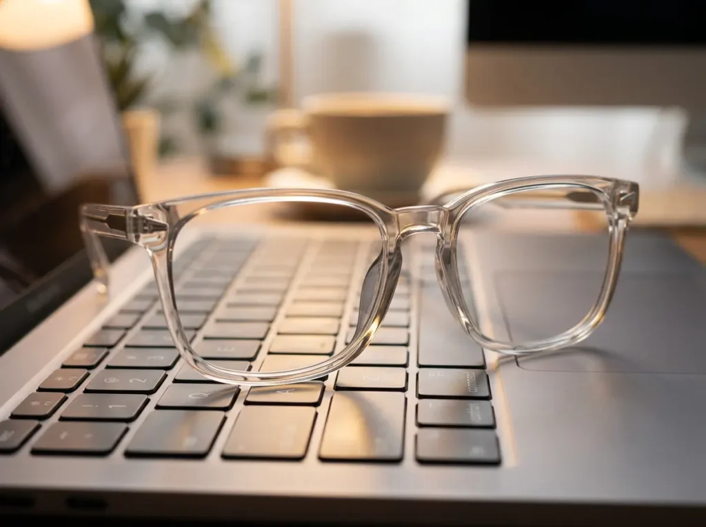 TIJN Blue Light Blocking Glasses with clear square frames resting on a MacBook keyboard for remote work productivity.