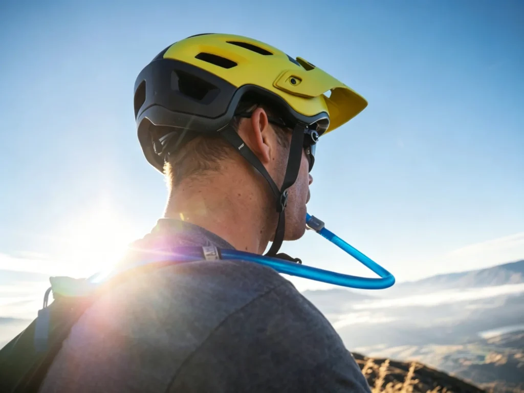 High-resolution 4:3 shot of cyclist using CamelBak hydration backpack while mountain biking at sunrise