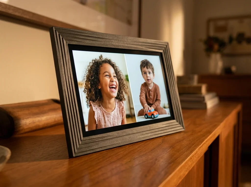 Aura Carver digital picture frame automatically pairing two vertical portrait photos of children side-by-side on its color-calibrated screen.