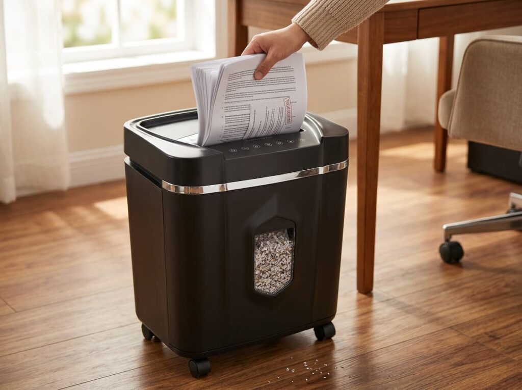 Aurora AU1210MA 12-sheet micro-cut paper shredder destroying and tax documents on a wooden floor.