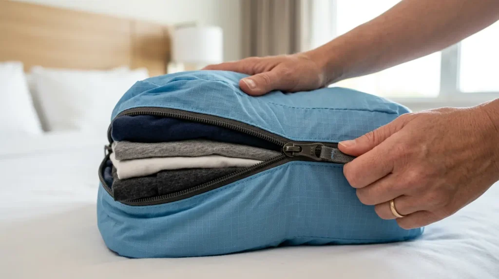 Close up of hands using the double zipper compression system on a Bagail packing cube to reduce the volume of folded t-shirts.
