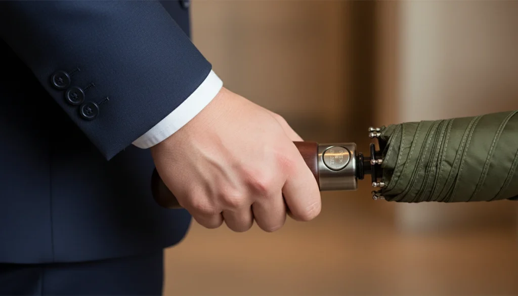 The handcrafted real wood handle of the Balios Prestige Travel Umbrella providing a secure and stylish grip.