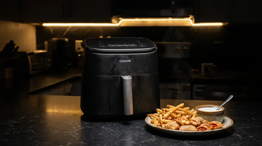 Cosori TurboBlaze, one of the best air fryers for late night snacking, on a dark kitchen counter with crispy snacks.