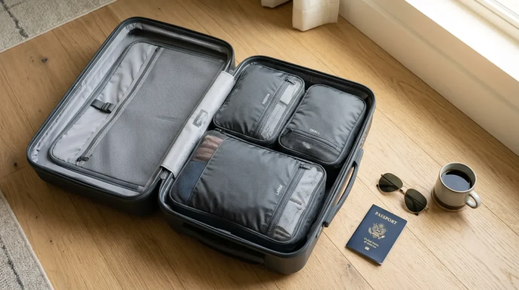 An open hard-shell carry-on suitcase neatly organized with volcanic grey compression packing cubes, resting next to a passport and sunglasses for spring break travel.