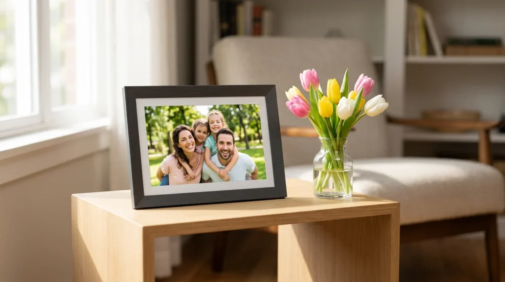 Aura Carver 10.1 inch HD as the best digital picture frame for mom displaying family photos on a wooden living room side table for Mother's Day.