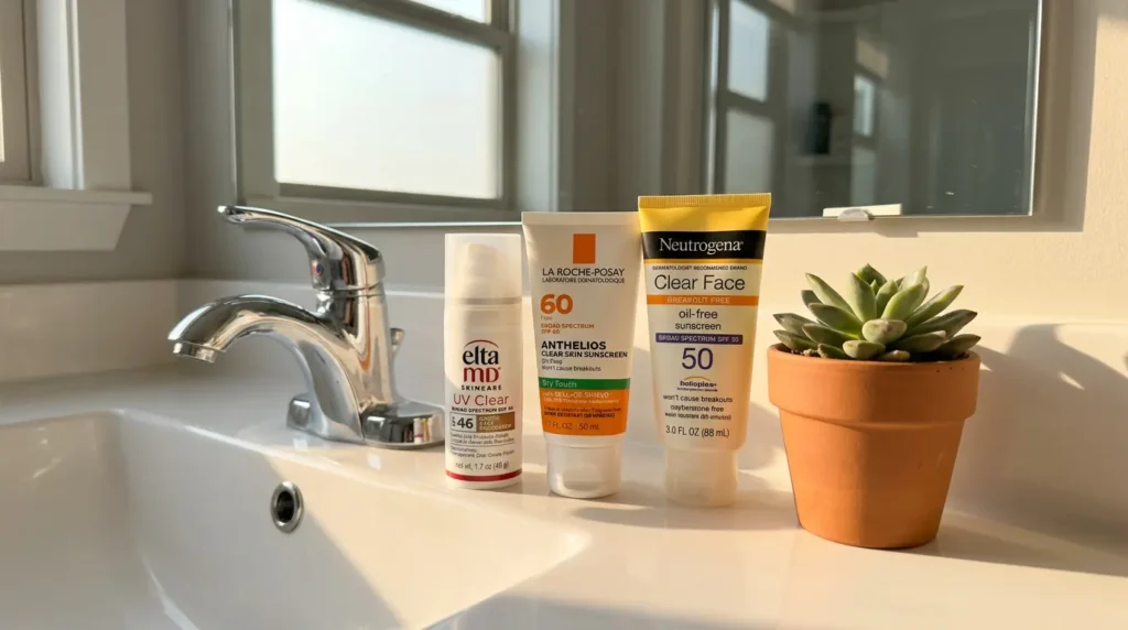 Facial sunscreens that won't clog pores: EltaMD, La Roche-Posay, and Neutrogena on a counter.