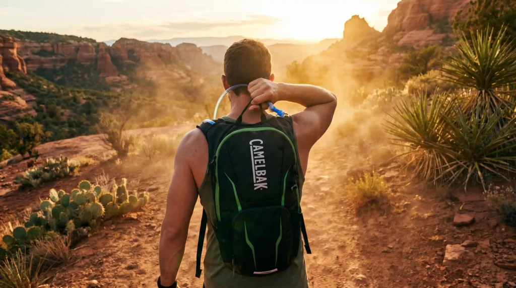 A hiker uses one of the best hydration backpacks to keep water cold on a sunny trail.