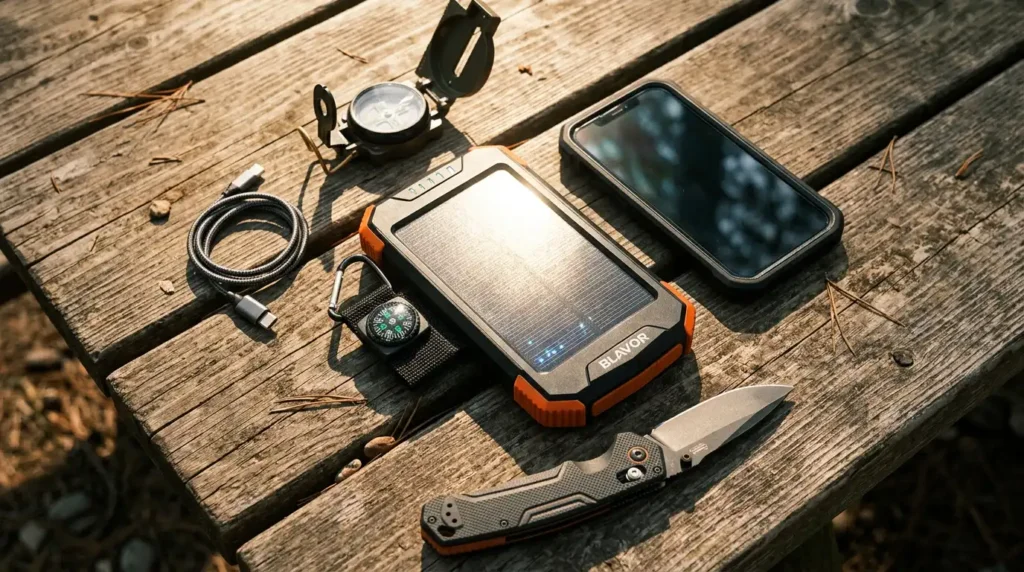 BLAVOR vs Mregb solar power bank comparison on a wooden camping table