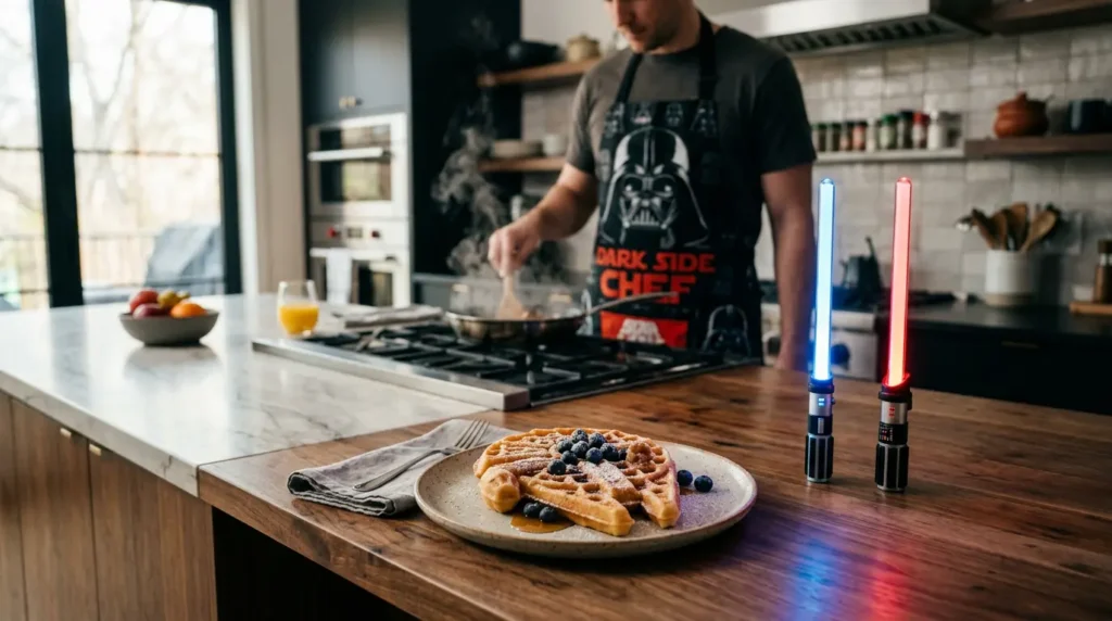 A collection of top-rated Star Wars kitchen gadgets including the Millennium Falcon waffle maker and lightsaber salt and pepper grinders on a clean kitchen counter.