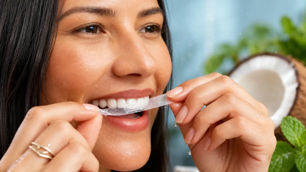 Peeling off a gentle Lumineux non-peroxide whitening strip for sensitive teeth before prom