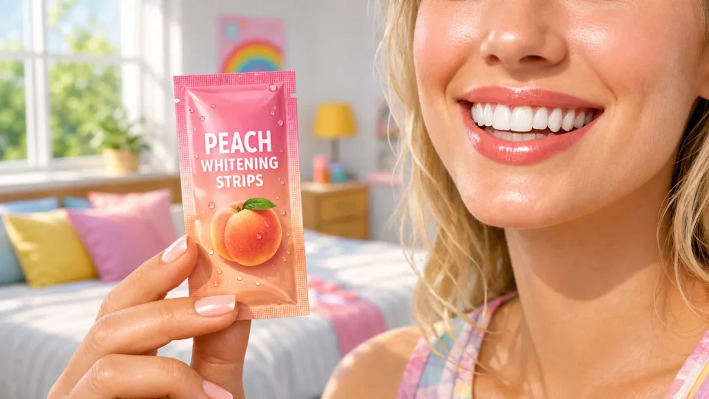 Zimba peach-flavored teeth whitening strip kit held during prom prep