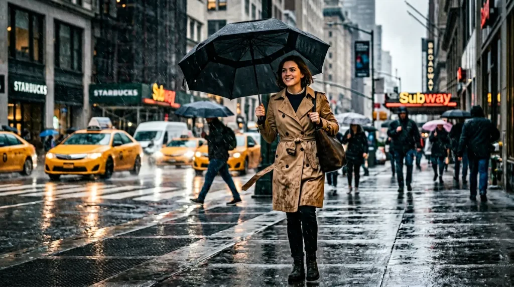 A person holding one of the best windproof travel umbrellas during a spring storm in the city.