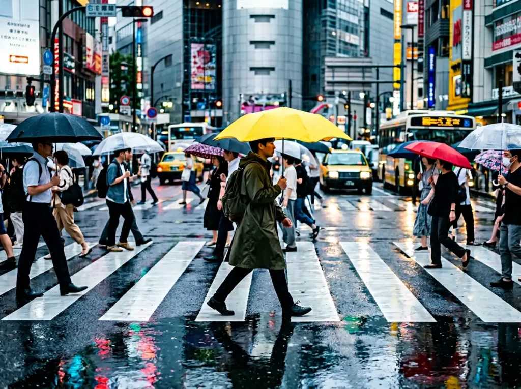 The unique scalloped edges of the BLUNT Metro Travel Umbrella opened on a busy urban sidewalk, showing the safe rounded tips.