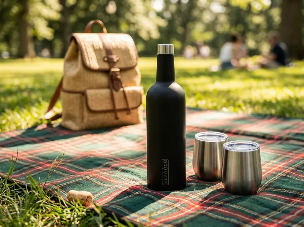 A sleek BrüMate Winesulator 25oz insulated wine canteen on a picnic blanket, keeping wine perfectly chilled for an outdoor spring date.