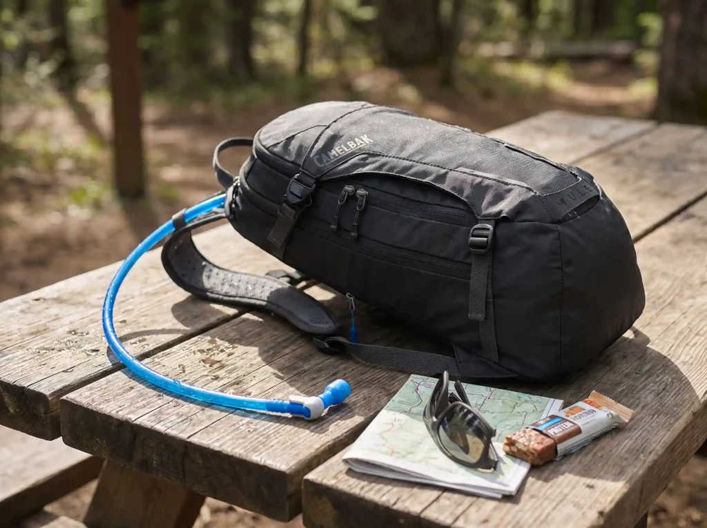 CamelBak M.U.L.E. Hydration Backpack resting on a wooden table with trail mix for a day hike.
