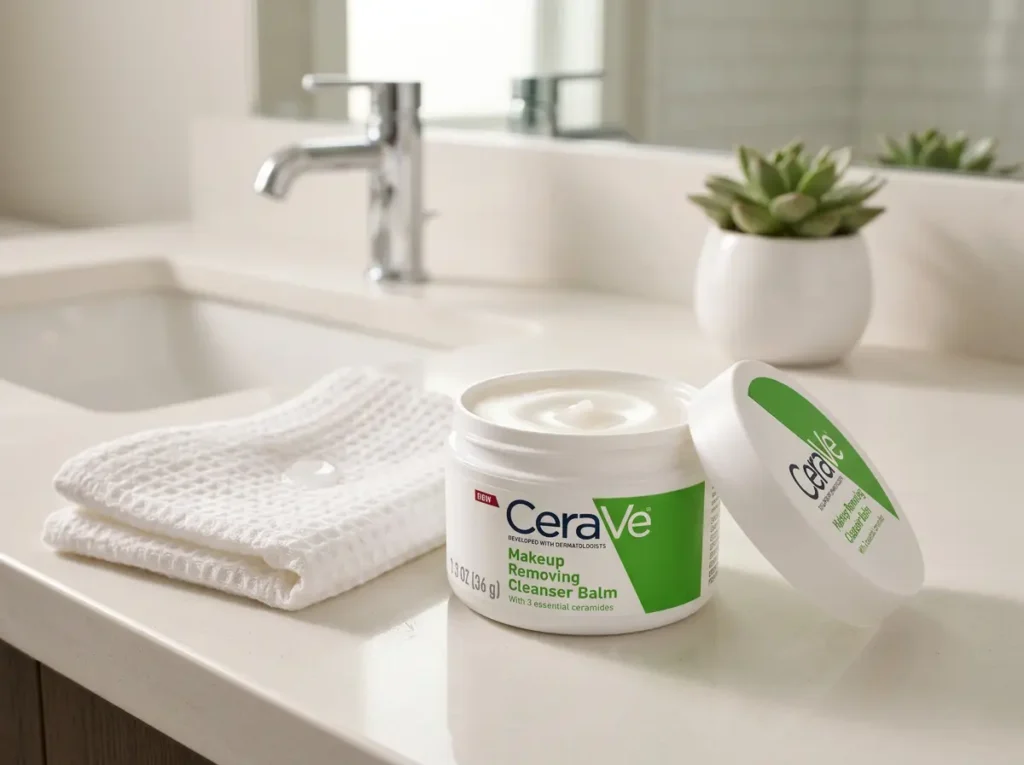 CeraVe Makeup Removing Cleanser Balm jar open on a bathroom counter.