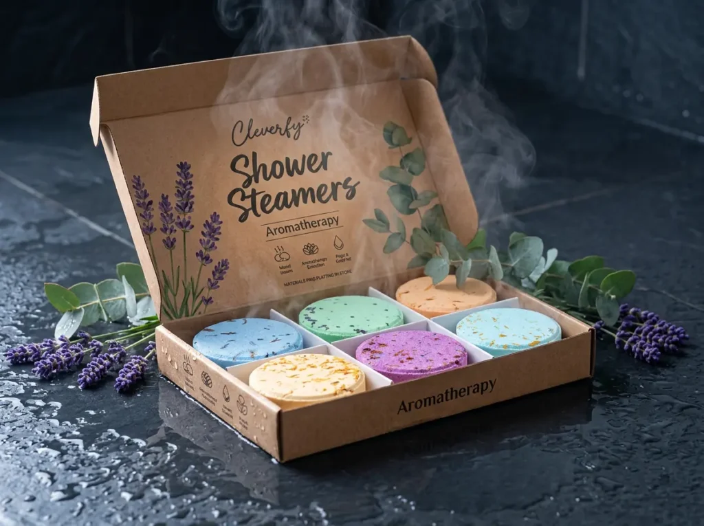 Cleverfy Shower Steamers Purple Gift Set for stress relief and aromatherapy in a modern shower.