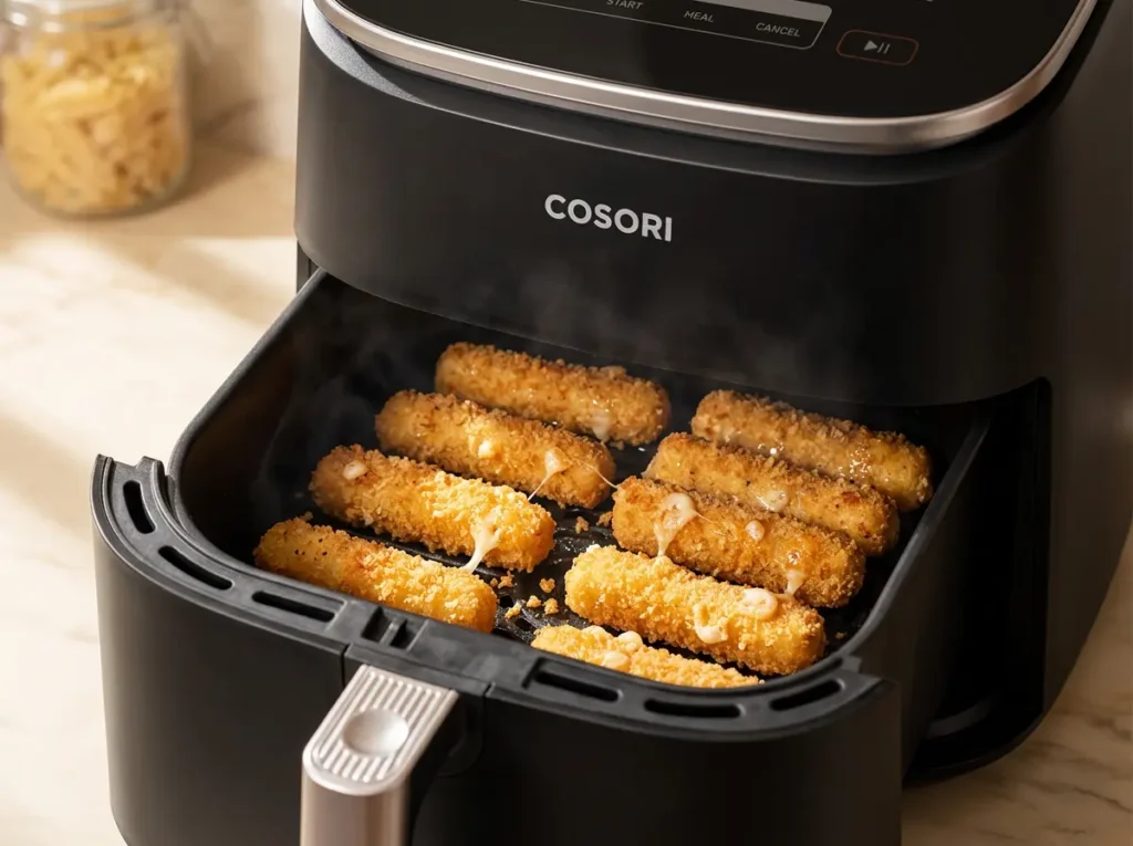 Cosori TurboBlaze 6.0-Quart Air Fryer making crispy mozzarella sticks for a midnight snack.
