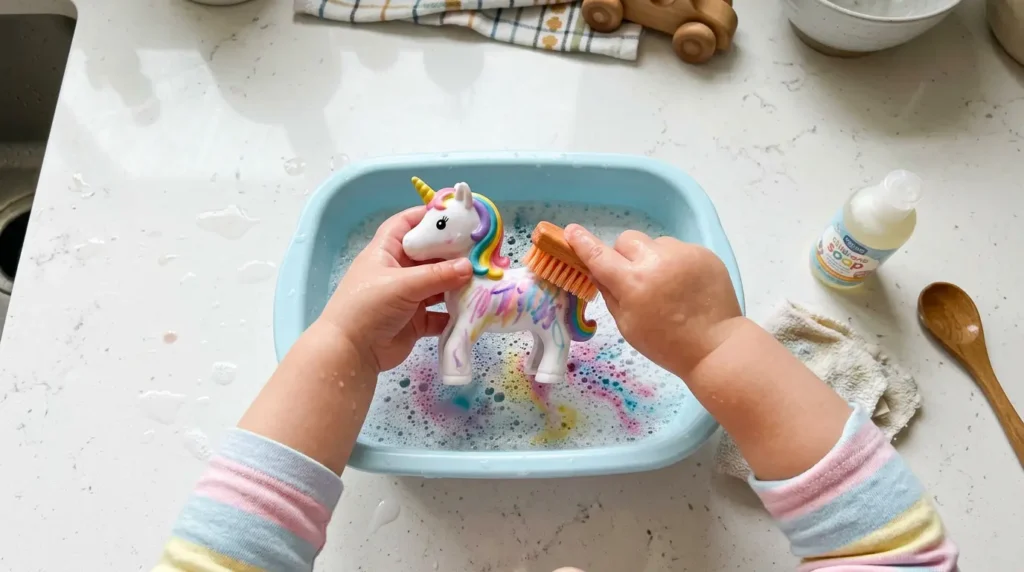 Crayola Scribble Scrubbie Pets being washed by a toddler, best amazon prime overnight toys for Easter.