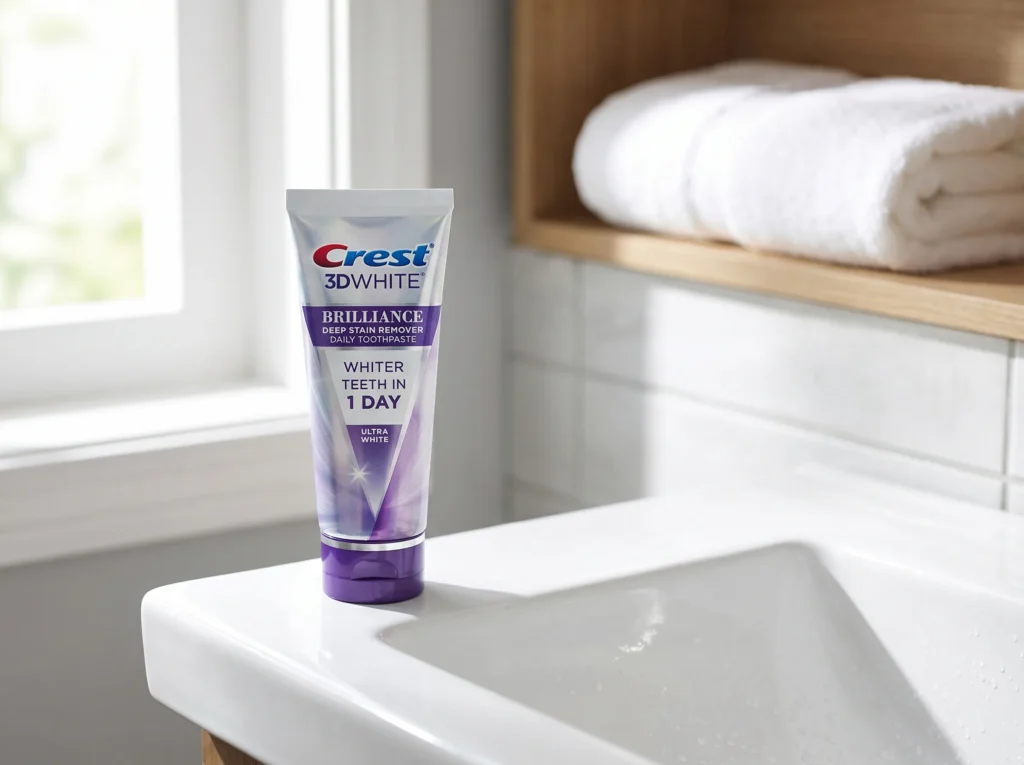 Crest 3D White Brilliance toothpaste on a bathroom sink for daily stain removal and maintenance