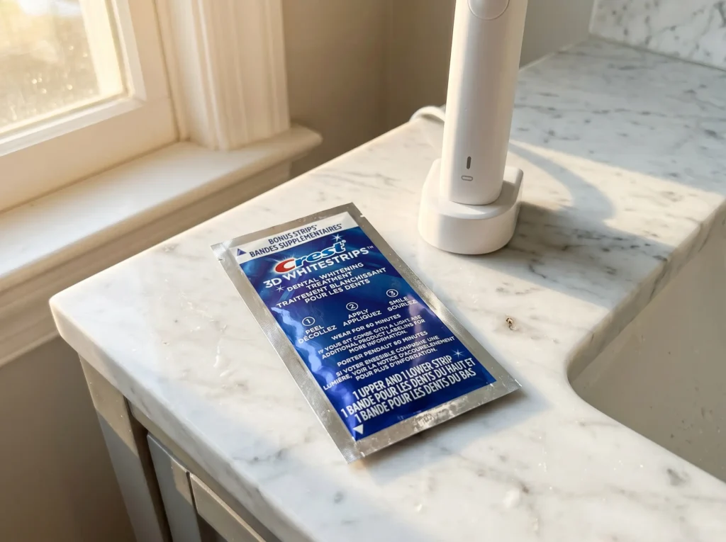 Crest 3D Whitestrips Professional Effects pouch on a marble bathroom vanity next to an electric toothbrush.