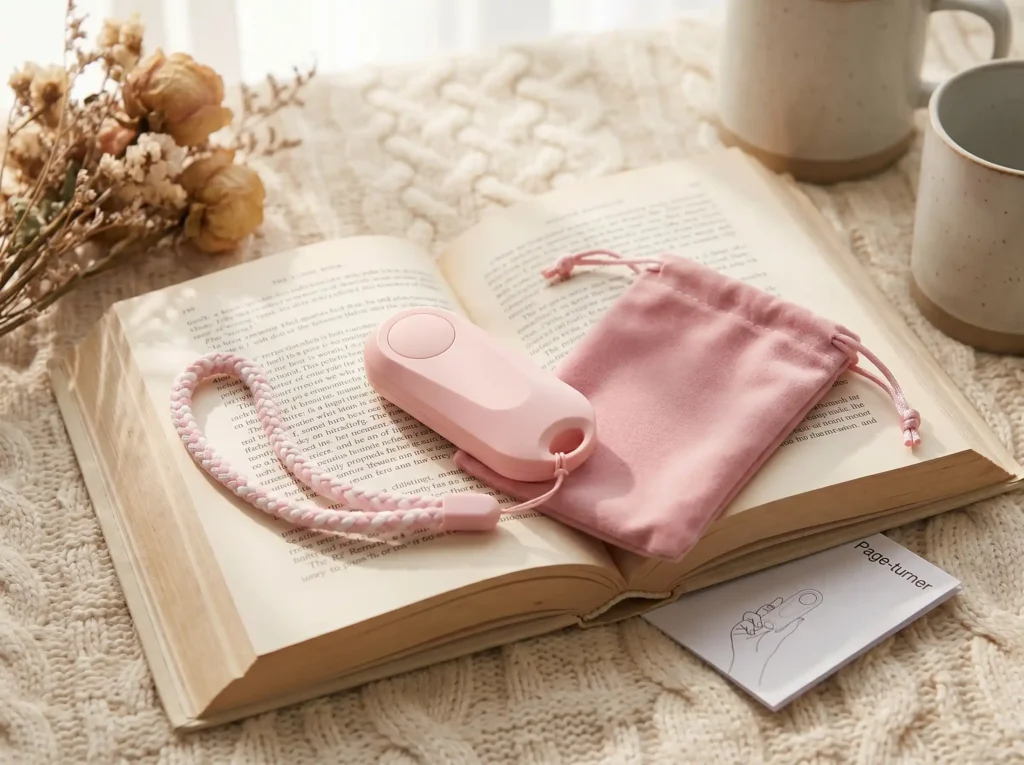 The DATAFY remote control page turner for Kindle shown with its wrist strap and storage bag on a wooden table.