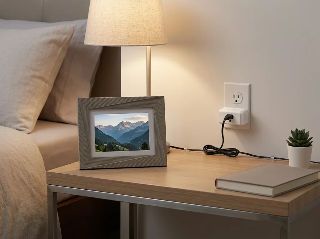 Digital picture frame powered by a Kasa Smart Plug Ultra Mini on a bedroom nightstand for automated power scheduling.