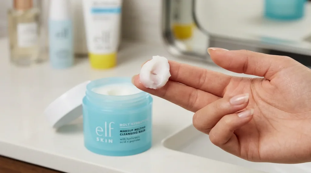 The rich texture of the e.l.f. Holy Hydration! Makeup Melting Cleansing Balm on fingertips, ready to be applied.